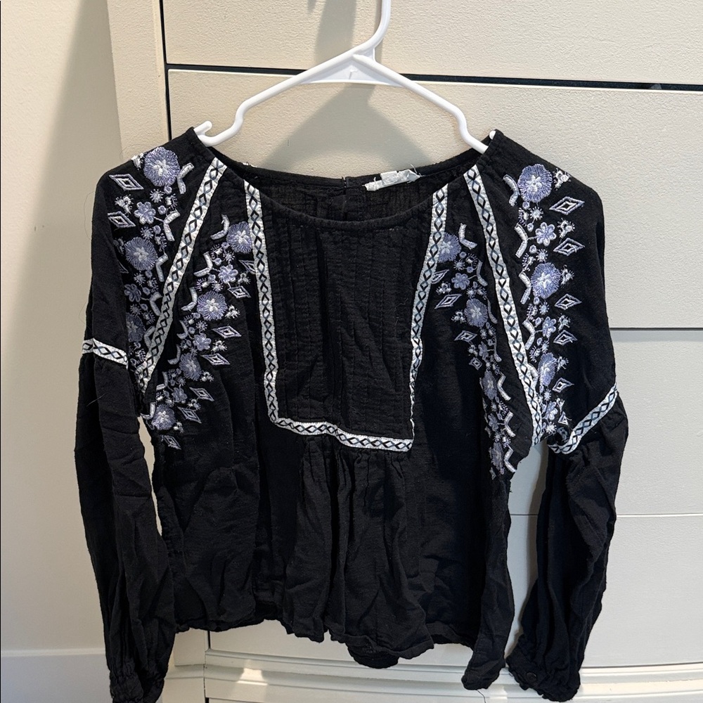 Elegant Black Blouse with White and Purple Embroidery